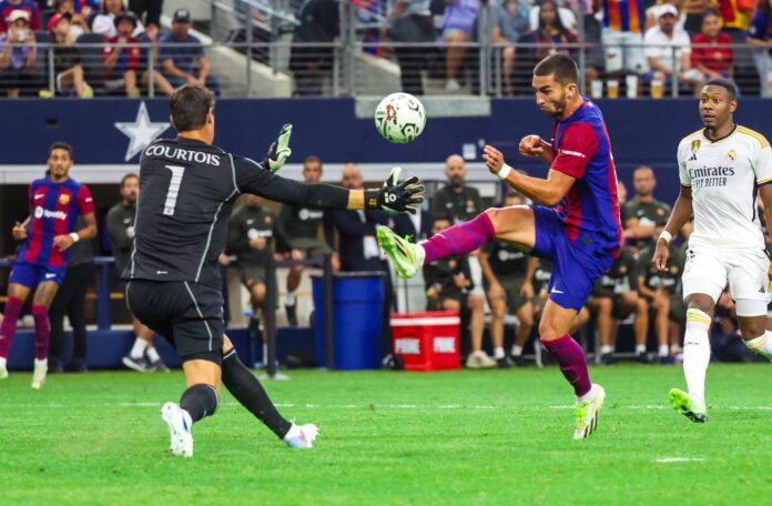 FC Barcelona striker Ferran Torres scores a goal during the second half against Real Madrid at AT&T Stadium on Saturday. (USA TODAY Sports)