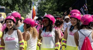 Marchers dressed up to promote the Barbie movie prepare for the start of the Capital Pride Parade in Washington, DC, on June 10, 2023. – Hollywood A-listers have been walking red carpets in hot pink, glitter is back, and companies from The Gap to Burger King are doing rose-colored collaborations: “Barbie” mania is everywhere as the hotly anticipated film hits theaters worldwide. (Photo by ANDREW CABALLERO-REYNOLDS / AFP)