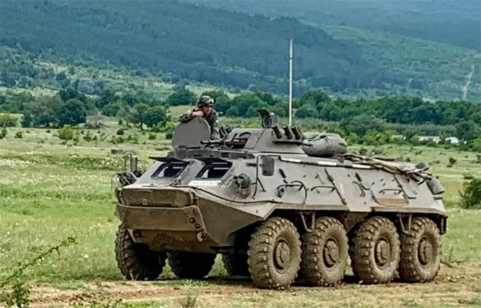 Bulgarian Land Forces' Soldiers drive an Armed Personnel Carrier BTR-60PB-MD into a simulated battle during STRIKE BACK 19 at the Bulgarian Land Force’s Novo Selo Training Area on June 11, 2019. (Picture source U.S. DoD)