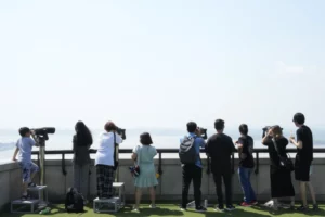Visitors watch the North Korea side from the Unification Observation Post in Paju, South Korea, near the border with North Korea. (AP Photo/Ahn Young-joon)