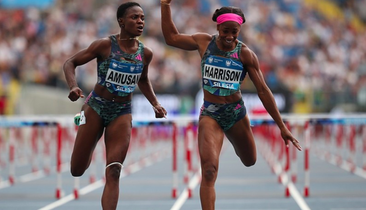 Nigerian World record holder Tobi Amusan (L) outpaced USA's Kendra Harrison (R), to win the 100m hurdles event at the Silesia Diamond League in Chorzow, Poland