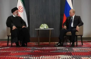 Russian President Vladimir Putin and Iranian President Ebrahim Raisi, at an SCO summit in Samarkand in September.ALEXANDR DEMYANCHUK/SPUTNIK/AFP via Getty Images