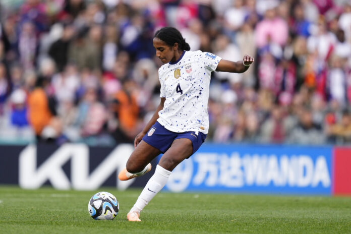 Naomi Girma and Sophia Smith decided before the USWNT's opening match to dedicate a goal celebration to their former Stanford teammate Katie Meyer. (Jose Breton/Pics Action/NurPhoto via Getty Images)