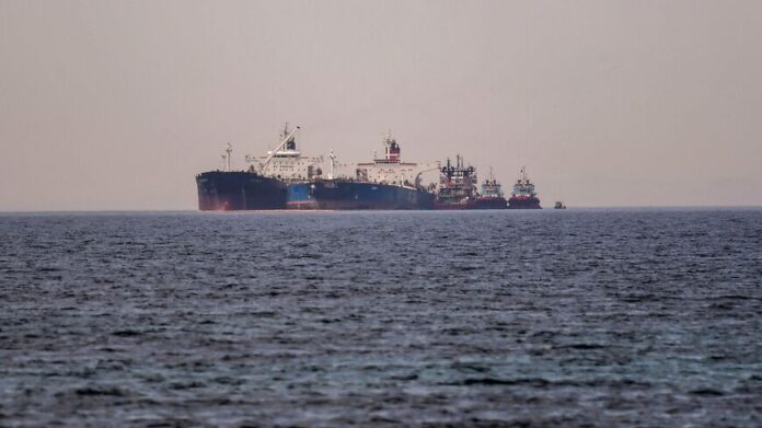 The Liberian-flagged oil tanker Ice Energy (L) transfers crude oil from the Russian-flagged oil tanker Lana (R) (former Pegas), off the shore of Karystos, on the Island of Evia, on May 29, 2022. - ANGELOS TZORTZINIS/AFP via Getty Images