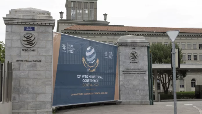 The entrance of WTO building, pictured ahead of the WTO Ministerial Conference (MC12) in Geneva © Keystone / Salvatore Di Nolfi