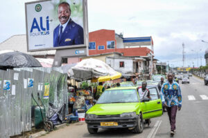 A campaign billboard of ousted Gabon President Ali Bongo Ondimba is seen along a street in Libreville on September 1, 2023. (AFP)