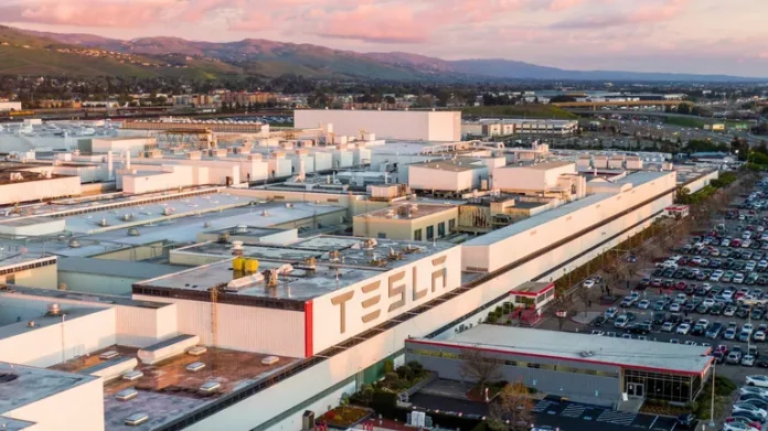 Tesla’s Fremont, Calif., factory is pictured in a drone photo, March 11, 2021. (Noah Berger / AP)