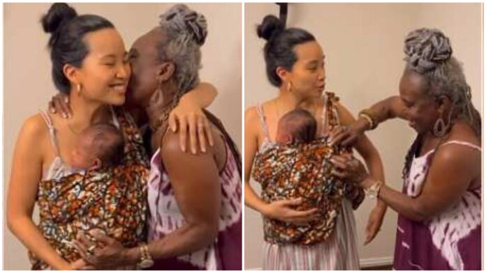Nigerian woman helps oyinbo daughter-in-law carry her baby Photo credit: @nika.diwa/Instagram. Source: Instagram