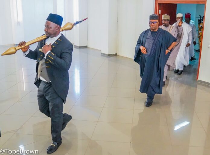 Senate President, Godswill Akpabio marching out with mace