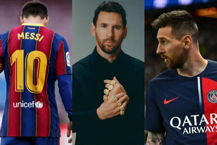 Photo Combo of Messi in Barcelona, posing with Adidas' gifted 8 rings after historic Ballon d’Or win and PSG