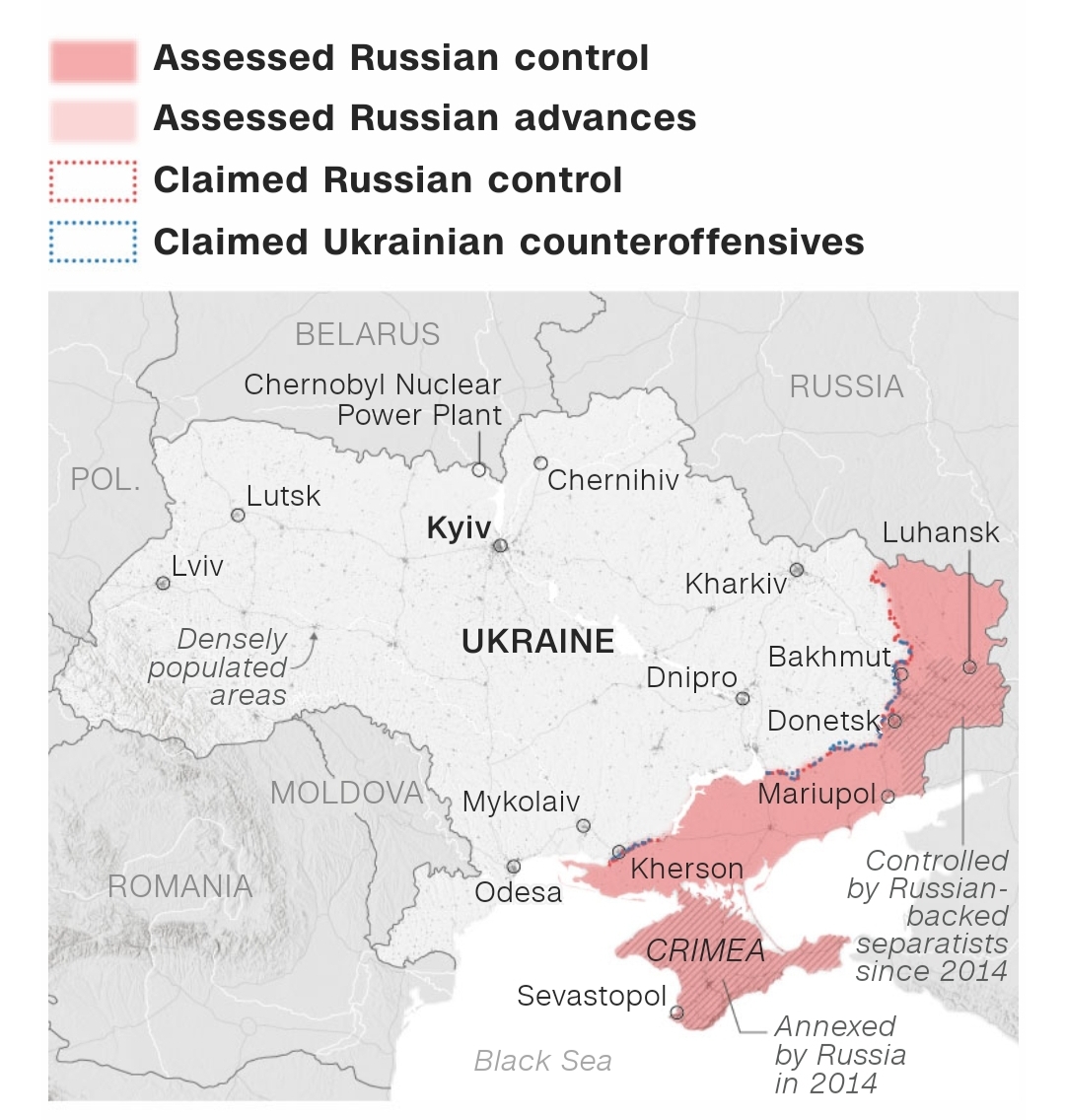 Data as of Nov. 22, 2023 at 3 p.m. ET  Notes: “Assessed” means the Institute for the Study of War has received reliable and independently verifiable information to demonstrate Russian control or advances in those areas. Russian advances are areas where Russian forces have operated in or launched attacks, but they do not control them. “Claimed” areas are where sources have said control or counteroffensives are occurring, but ISW cannot corroborate nor demonstrate them to be false.  Sources: The Institute for the Study of War with AEI’s Critical Threats Project; LandScan HD for Ukraine, Oak Ridge National Laboratory  Graphic: Lou Robinson and Renée Rigdon, CNN
