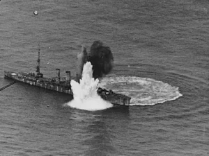 Captured German light cruiser Frankfurt being bombed as a target for US aircraft during a test in July 1921.US Naval History and Heritage Command