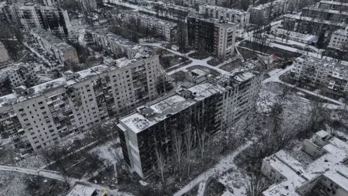 Panorama of the city from a bird’s-eye view, shot on a drone, covered with snow on December 7, 2023 in Avdiivka, Ukraine. Libkos | Getty Images