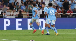 Manchester City’s Argentine forward #19 Julian Alvarez (L) celebrates after scoring his team’s fourth goal during the FIFA Club World Cup 2023 football final match between England’s Manchester City and Brazil’s Fluminense at King Abdullah Sports City Stadium in Jeddah on December 22, 2023. (Photo by Giuseppe CACACE / AFP)
