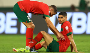 Morocco's Achraf Hakimi and Amine Harit look dejected after the match. (Reuters)