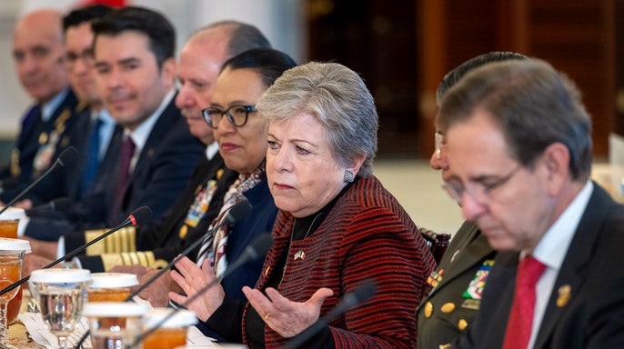 Mexican Foreign Secretary Alicia Bárcena, center, speaks during a meeting with Secretary of State Antony Blinken to discuss U.S.-Mexican migration, in the Benjamin Franklin Room at the State Department in Washington, Friday, Jan. 19, 2024. (AP Photo/Cliff Owen)