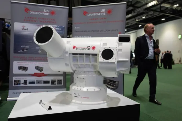 A UK Dragonfire laser directed energy weapon system is seen on day one of the DSEI arms fair at ExCel on Sept. 10, 2019, in London. (Photo by Leon Neal/Getty Images)
