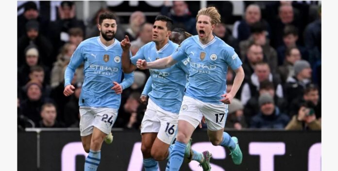 Kevin De Bruyne of Manchester City celebrates scoring his team's second goal during the Premier League match between Newcastle United and Manchester City at St. James Park on January 13, 2024 in Newcastle upon Tyne, England. Image credit: Getty Images