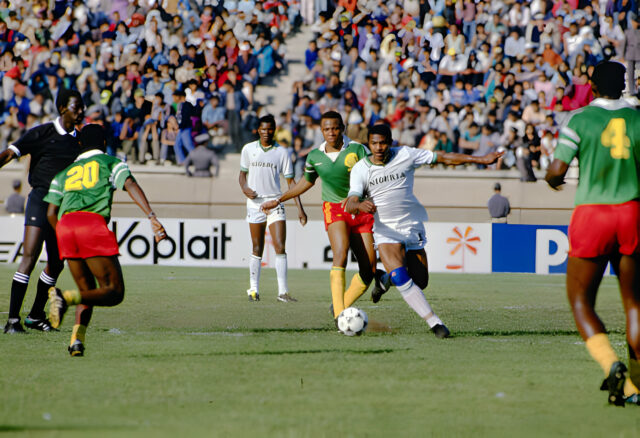 Nigeria’s Stephen Keshi dribbles his way into the Cameroonian penalty area during the 1988 Africa Cup of Nations final at the Stade Mohamed V, in Casablanca.