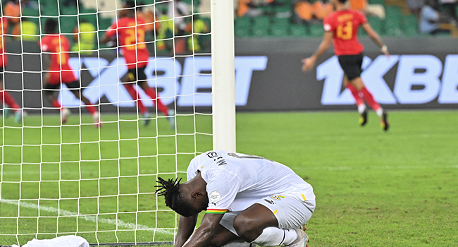 Ghana’s defender #6 Mohammed Salisu reacts after Mozambique’s defender #15 Renildo Mandava scored their team’s second goal during the Africa Cup of Nations (CAN) 2024 group B football match between Mozambique and Ghana at Alassane Ouattara Olympic Stadium in Ebimpe, Abidjan on January 22, 2024. (Photo by Issouf SANOGO / AFP)