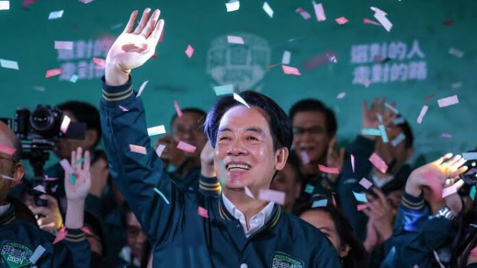 Taiwan President-elect Lai Ching-te celebrates his victory in Taipei, Taiwan, on Jan. 13, 2024. Annabelle Chih/Getty Images