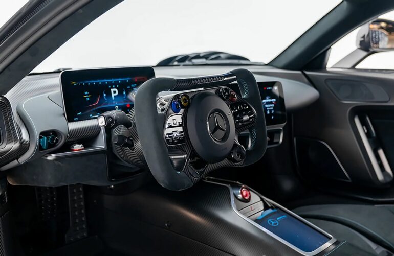 According to the listing, the odometer of the Mercedes-AMG ONE that was ordered in 2020 reads zero, which is absolutely crazy. We’ve seen really low-mileage supercars on sale before, but this sure is a first. The hypercar has a matching black interior with lots of carbon fiber, Alcantara, and contrast stitching. Sadly, that’s pretty much all we know about this particular example.