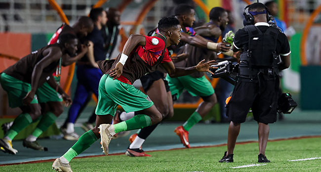 Namibia’s players celebrate scoring their team’s first goal during the Africa Cup of Nations (CAN) 2024 group E football match between Tunisia and Namibia at Amadou Gon Coulibaly Stadium in Korhogo on January 16, 2024. (Photo by Fadel SENNA / AFP)