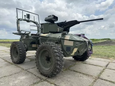 An image of a Ukrainian unmanned ground robot (UGV), posted by Ukrainian drone tsar, Mykhailo Fedorov, in September 2023. Ukraine is deploying new ground robots equipped with machine guns on the front lines against Russian forces, a move which could save the lives of Ukrainian fighters as the war shows no indication of coming to an end. MYKHAILO FEDOROV/ FACEBOOK