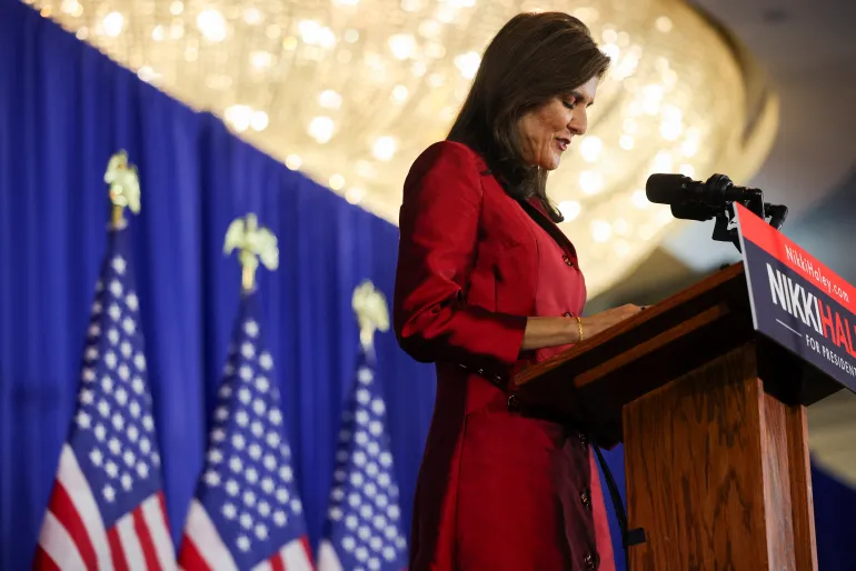 Haley speaks on stage in Charleston, South Carolina, on February 24 [Brian Snyder/Reuters]