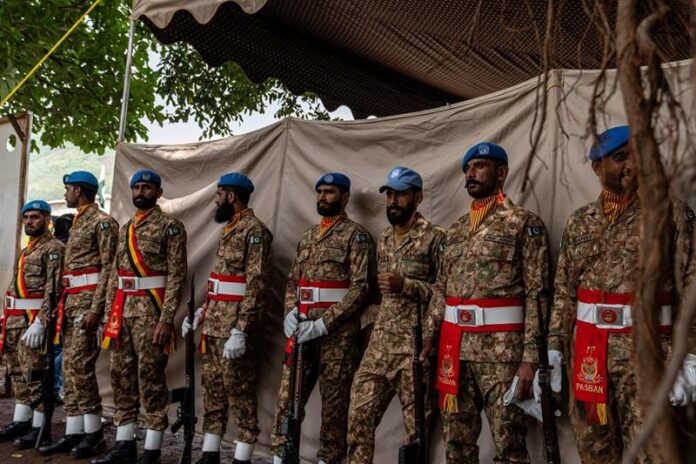 Pakistani peacekeepers from the United Nations Organization Mission for the Stabilization of the Congo (MONUSCO) line up at their base in Kamanyola, eastern Democratic Republic of Congo on February 28, 2024. AFP