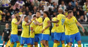 Nassr’s players celebrate after a goal during the friendly football match between Saudi Arabia’s al-Nassr FC and the US Inter Miami CF at the Kingdom Arena Stadium in Riyadh on February 1, 2024. (Photo by AFP)