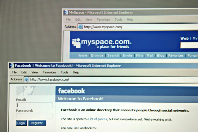 The home pages of facebook.com and myspace.com are arranged for a photograph on a computer screen on September 7, 2006.   Daniel Acker/Bloomberg/Getty Images