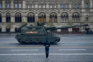 A MSTA-S self-propelled howitzer parades through Red Square during the Victory Day military parade in central Moscow on May 9, 2022. Russia has taken a large number of Self-Propelled Artillery (SPG) out of storage since... MoreKIRILL KUDRYAVTSEV/GETTY IMAGES