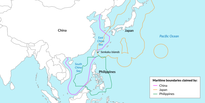 Overlapping territorial claims between the three countries involve islands and maritime exclusive zone borders. Other coastal states have issues with China’s delineation too. © GIS