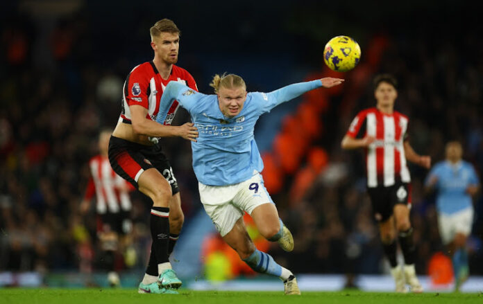Brentford's Kristoffer Ajer in action with Manchester City's Erling Braut Haaland in their Premier League game at Etihad Stadium, Manchester on February 20, 2024 Image: LEE SMITH / REUTERS