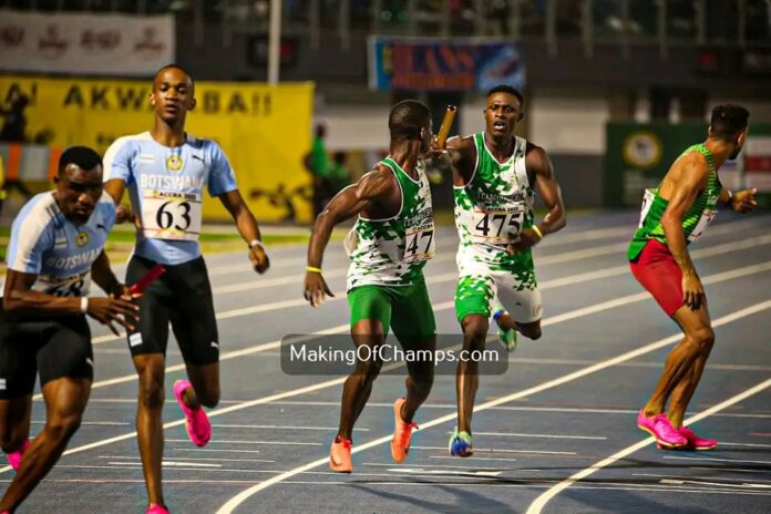 Nigeria's quartet of Emmanuel Ojeli, Samson Nathaniel, Adewale Sikiru & Chidi Okezie shook off their exhaustion to finish on the podium in men's 4x400m. Photo: Making of Champions