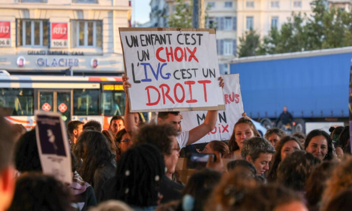A protester holds up a placard protecting the right to abortion during a demonstration in Marseille last month. Photograph: Denis Thaust/SOPA Images/Rex/Shutterstock