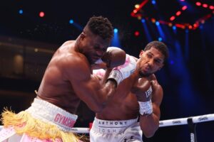 Anthony Joshua punches Francis Ngannou during the heavyweight fight on the Knockout Chaos boxing card at the Kingdom Arena on March 8, 2024 in Riyadh, Saudi Arabia. Richard Pelham, Getty Images
