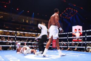 Francis Ngannou is knocked down for the third time as referee Ricky Gonzalez stops the fight during the heavyweight fight against Anthony Joshua.  Richard Pelham, Getty Images