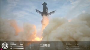 Starship launches on its first successful flight through space, in a still from SpaceX's livestream.SpaceX