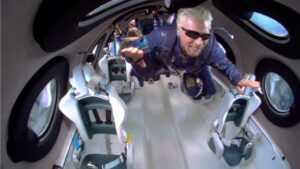 Billionaire Richard Branson floats in microgravity aboard Virgin Galactic's SpaceShipTwo on a suborbital tourist flight. Virgin Galactic
