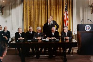 President Lyndon B. Johnson (right) watches the signing of the Outer Space Treaty in 1967. CORBIS/Corbis via Getty Images