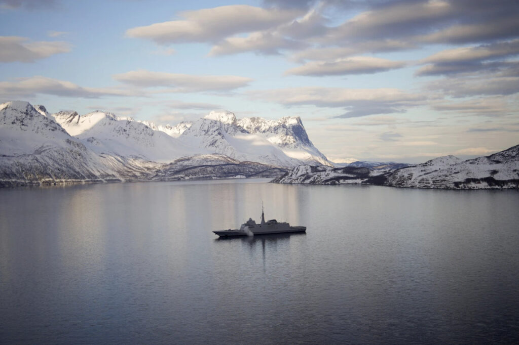 The French navy frigate Normandie patrols in a Norwegian fjord, north of the Arctic circle, on March 6, 2024, as part of a NATO force conducting exercises in the seas north of Norway. (AP Photo/Thibault Camus)