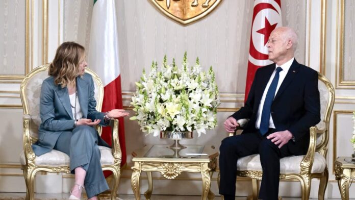 FILE —A picture provided by the Italian presidency shows Tunisian President Kais Saied meeting Italian Prime Minister Giorgia Meloni in Tunisia on April 17, 2024.
