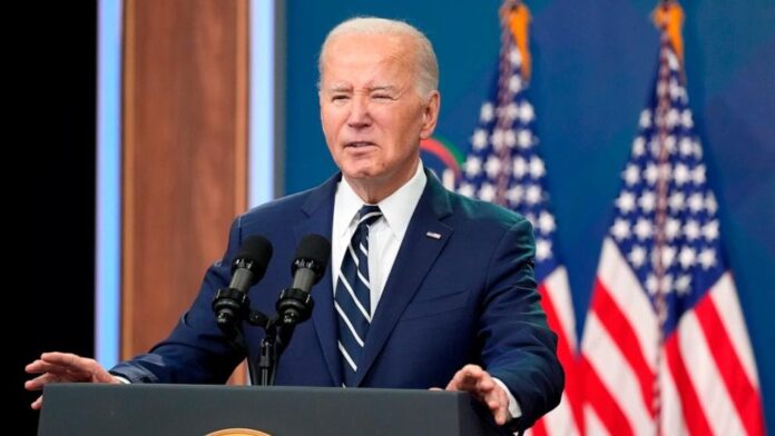 President Joe Biden speaks to the National Action Network Convention remotely from the South Court Auditorium of the White House, April 12, 2024.Alex Brandon/AP