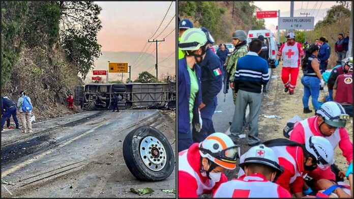 Rescuers working at the site of an accident after a bus overturned on the roadway on the outskirts of Mexico City, Mexico. - AFP PIC