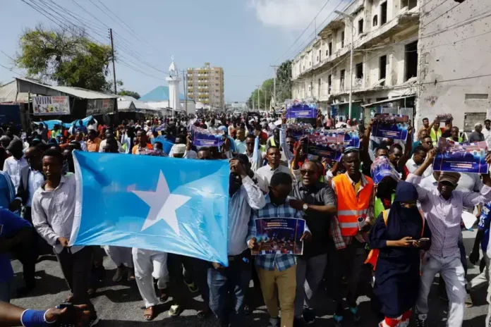 Somali protesters march against the Ethiopia-Somaliland port deal at the Yarisow stadium in Mogadishu, Somalia on January 3, 2024. Feisal Omar/REUTERS