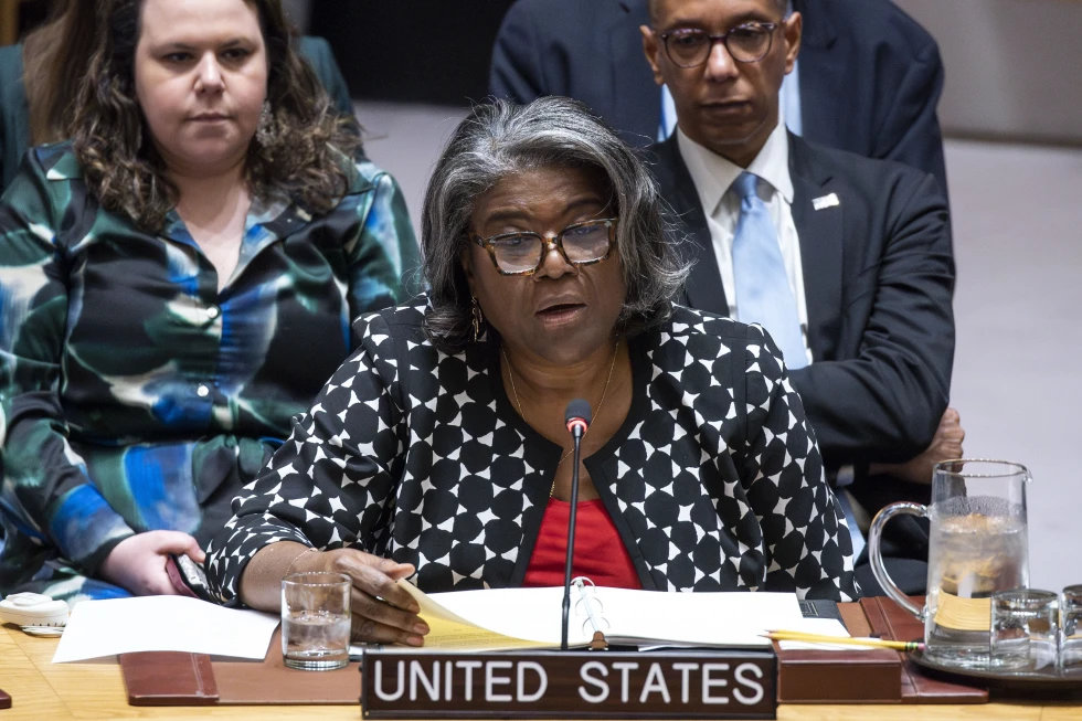 US Ambassador to the United Nations Linda Thomas-Greenfield addresses members of the UN Security Council during a meeting on non-proliferation of nuclear weapons on April 24, 2024. (AP)