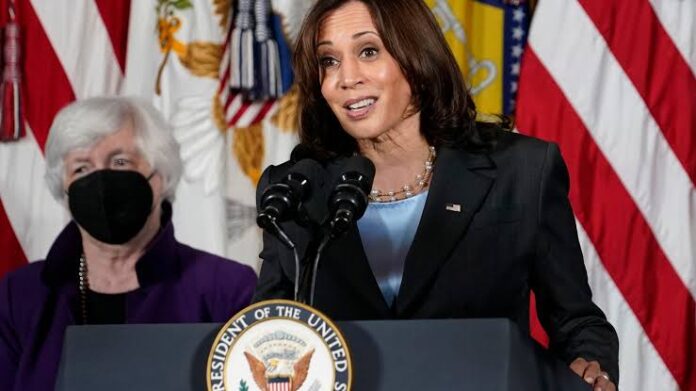 FILE - Vice President Kamala Harris, right, speaks as Treasury Secretary Janet Yellen listens during an event at the Treasury Department in Washington on Sept. 15, 2021. Harris will appear on the daytime talk series 