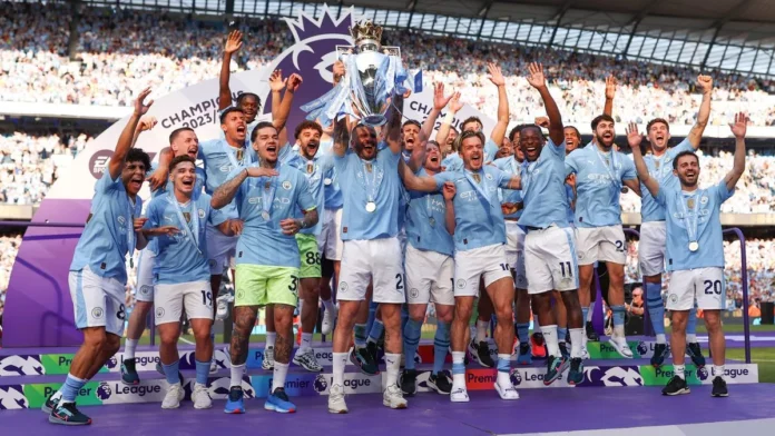 Manchester City lift the Premier League title ( Image: Getty Images)